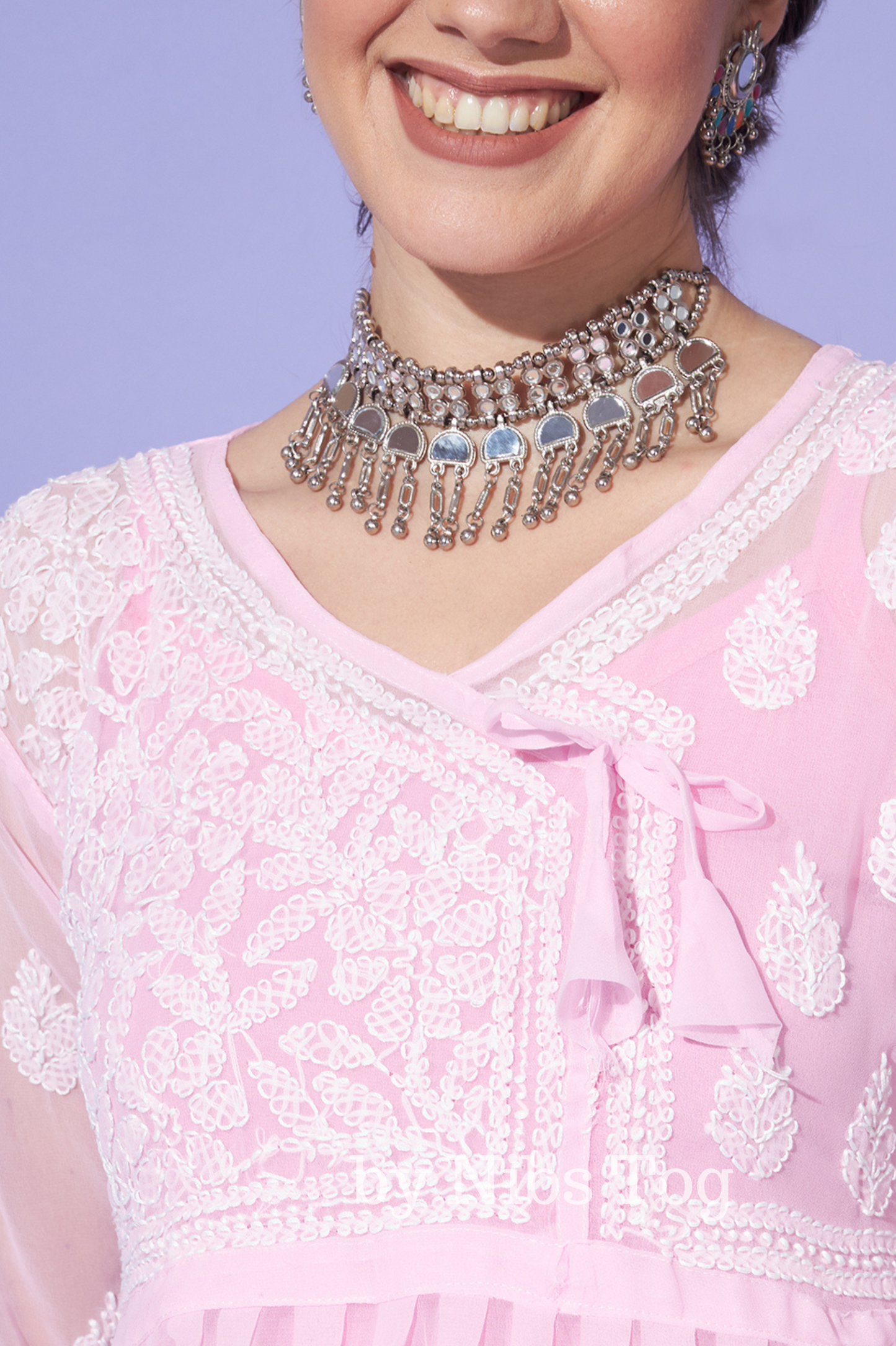 Angrakha Style Chikankari Short Kurta Georgette Baby Pink with Camisole