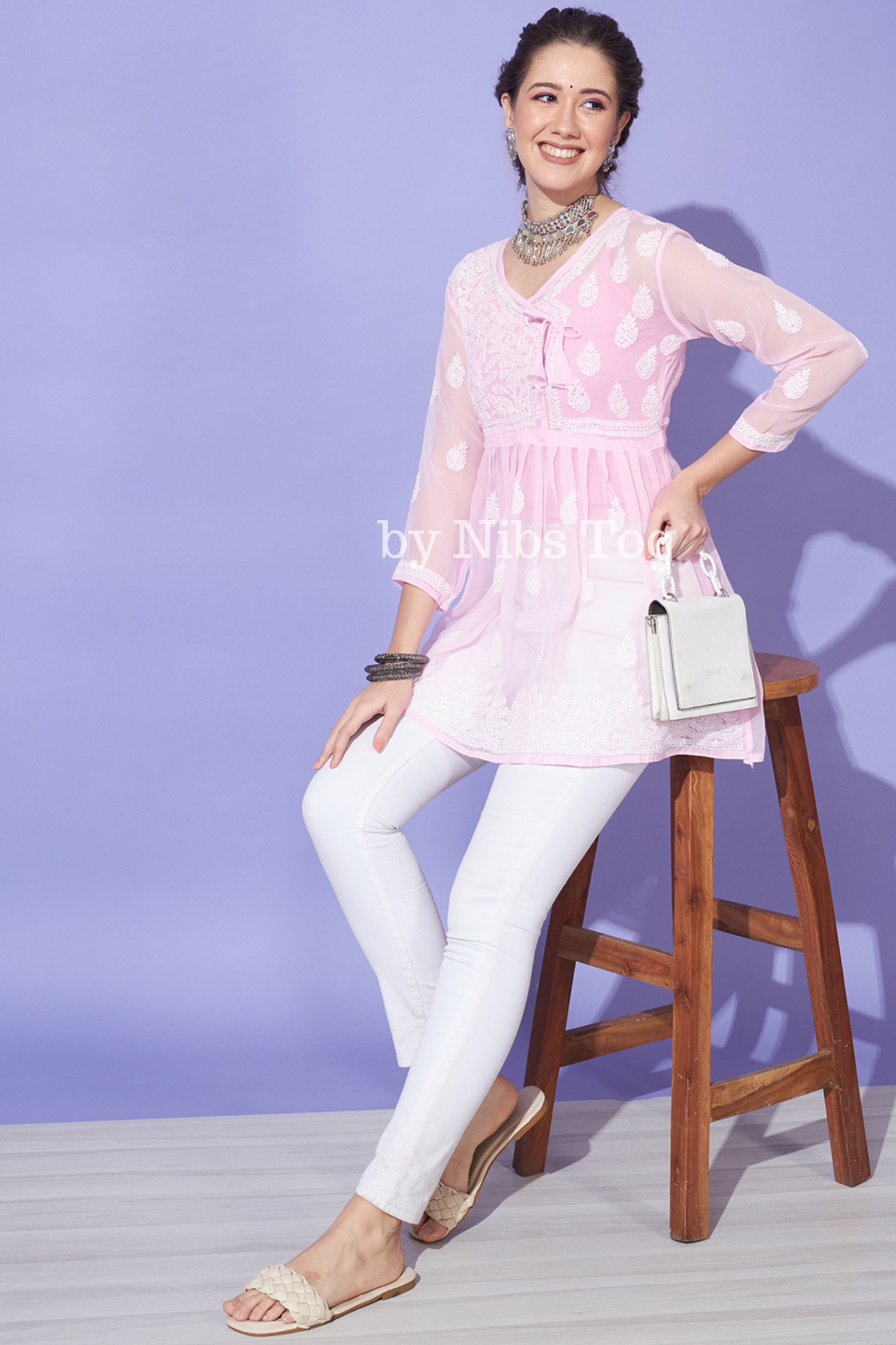 Angrakha Style Chikankari Short Kurta Georgette Baby Pink with Camisole