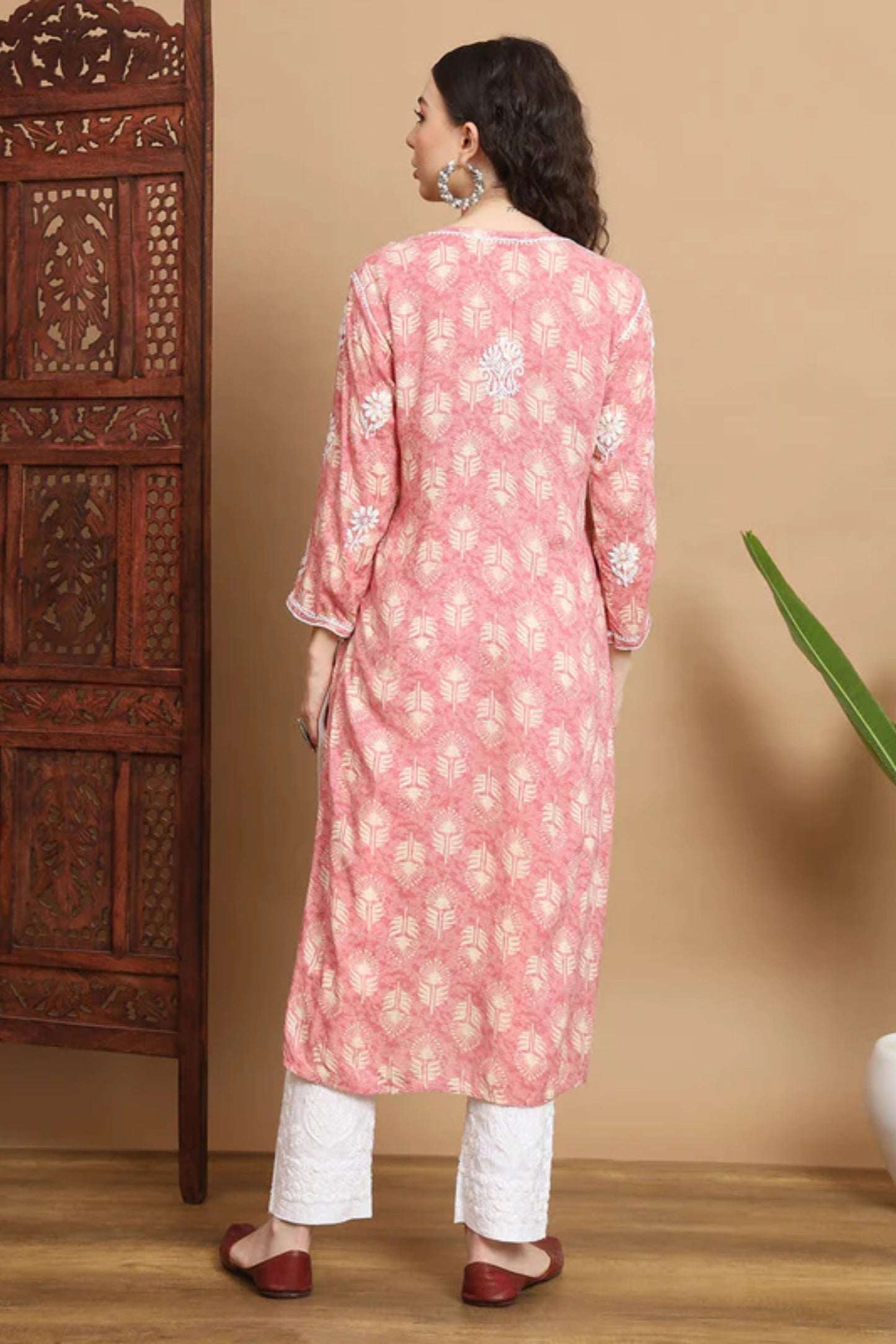 Pink Anisa Modal Cotton Chikankari Kurta Floral Printed