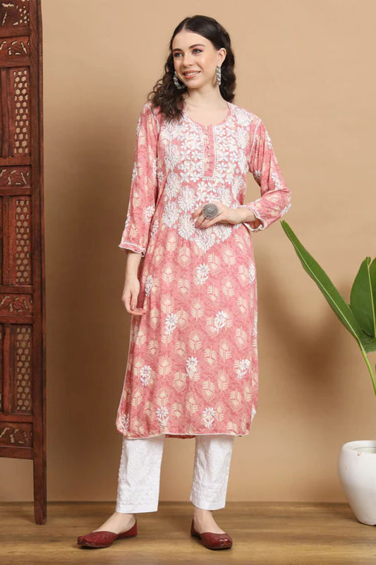 Pink Anisa Modal Cotton Chikankari Kurta Floral Printed