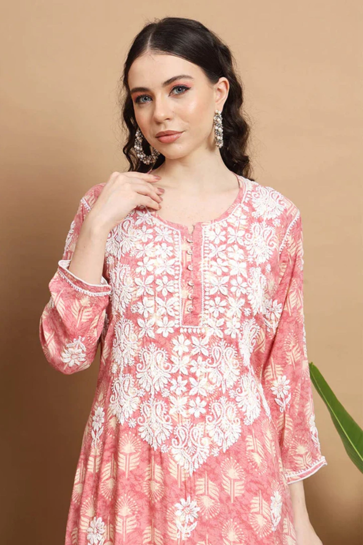 Pink Anisa Modal Cotton Chikankari Kurta Floral Printed