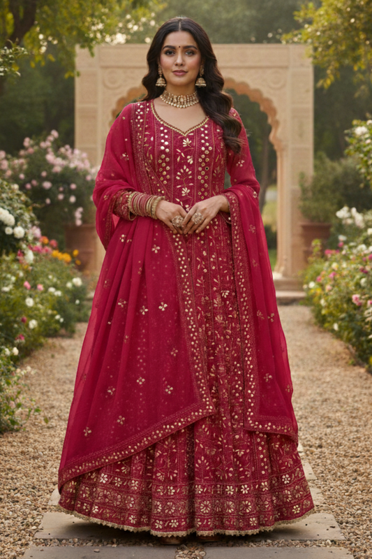 Deep Red Chikankari Anarkali Suit with Gotta Patti and Mirror