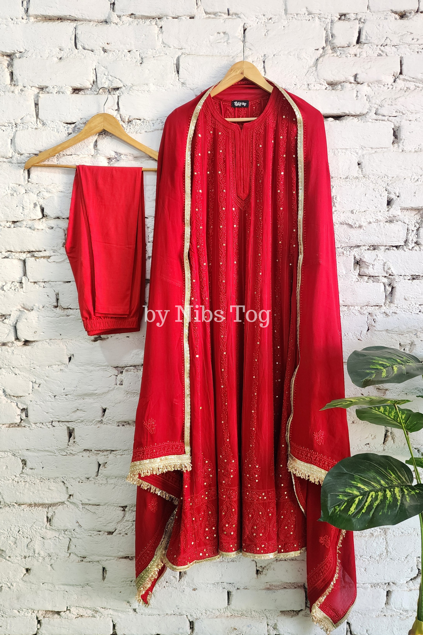 Deep Red Chikankari Mukaish Anarkali Suit