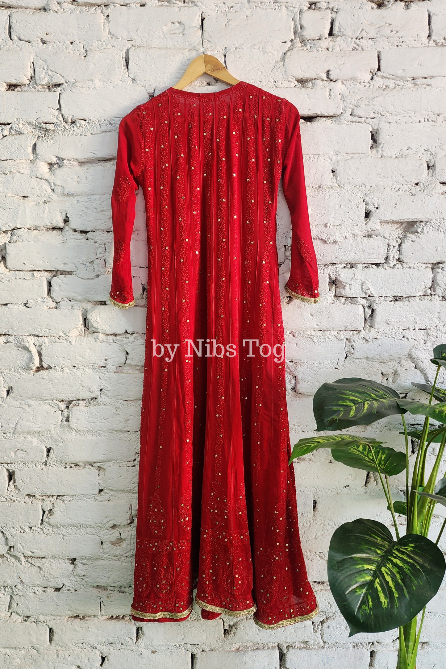Deep Red Chikankari Mukaish Anarkali Suit