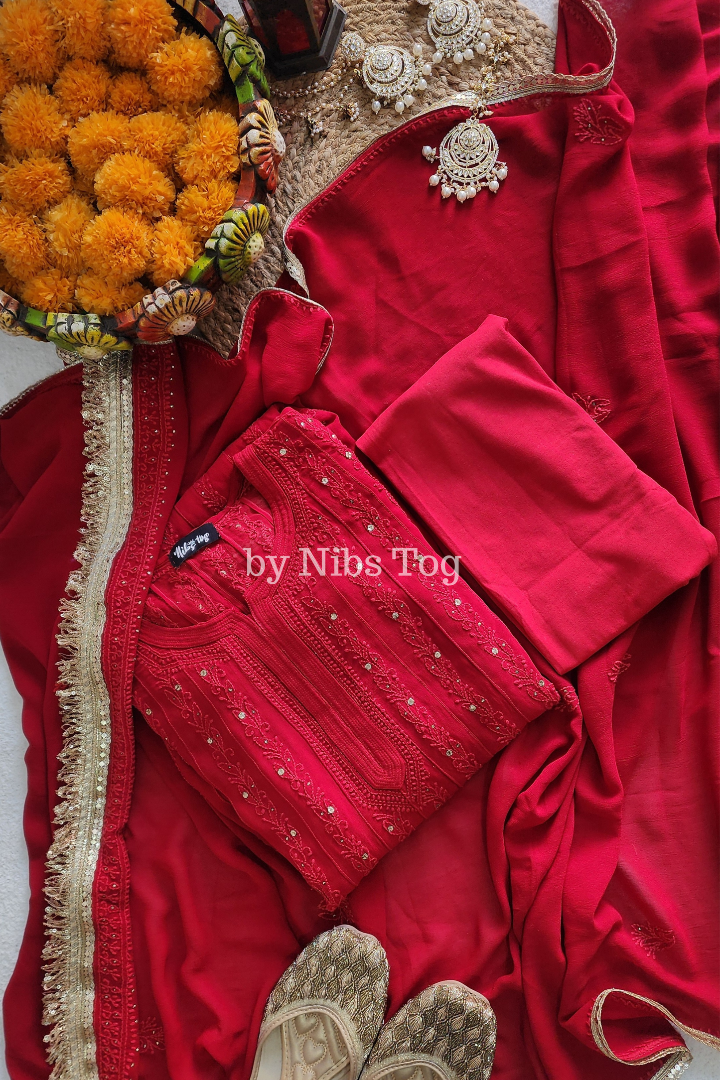 Deep Red Chikankari Mukaish Anarkali Suit