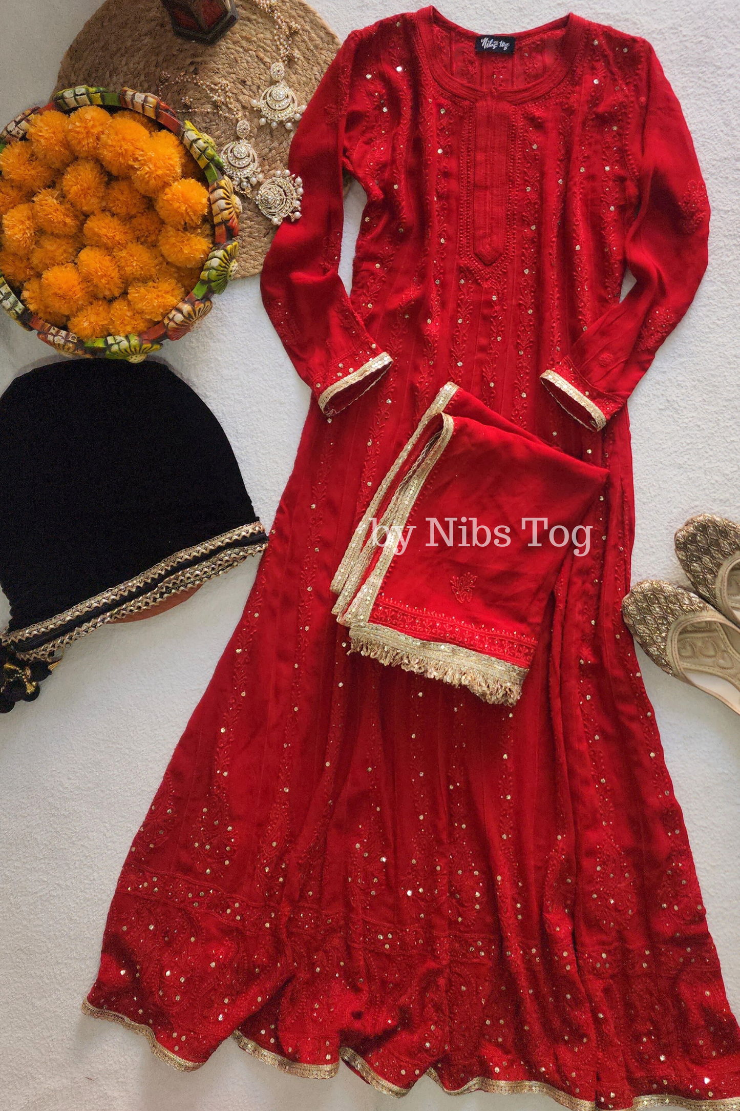 Deep Red Chikankari Mukaish Anarkali Suit