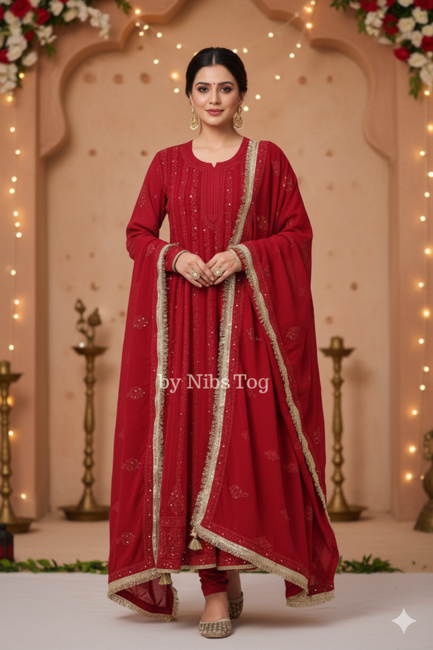 Deep Red Chikankari Mukaish Anarkali Suit