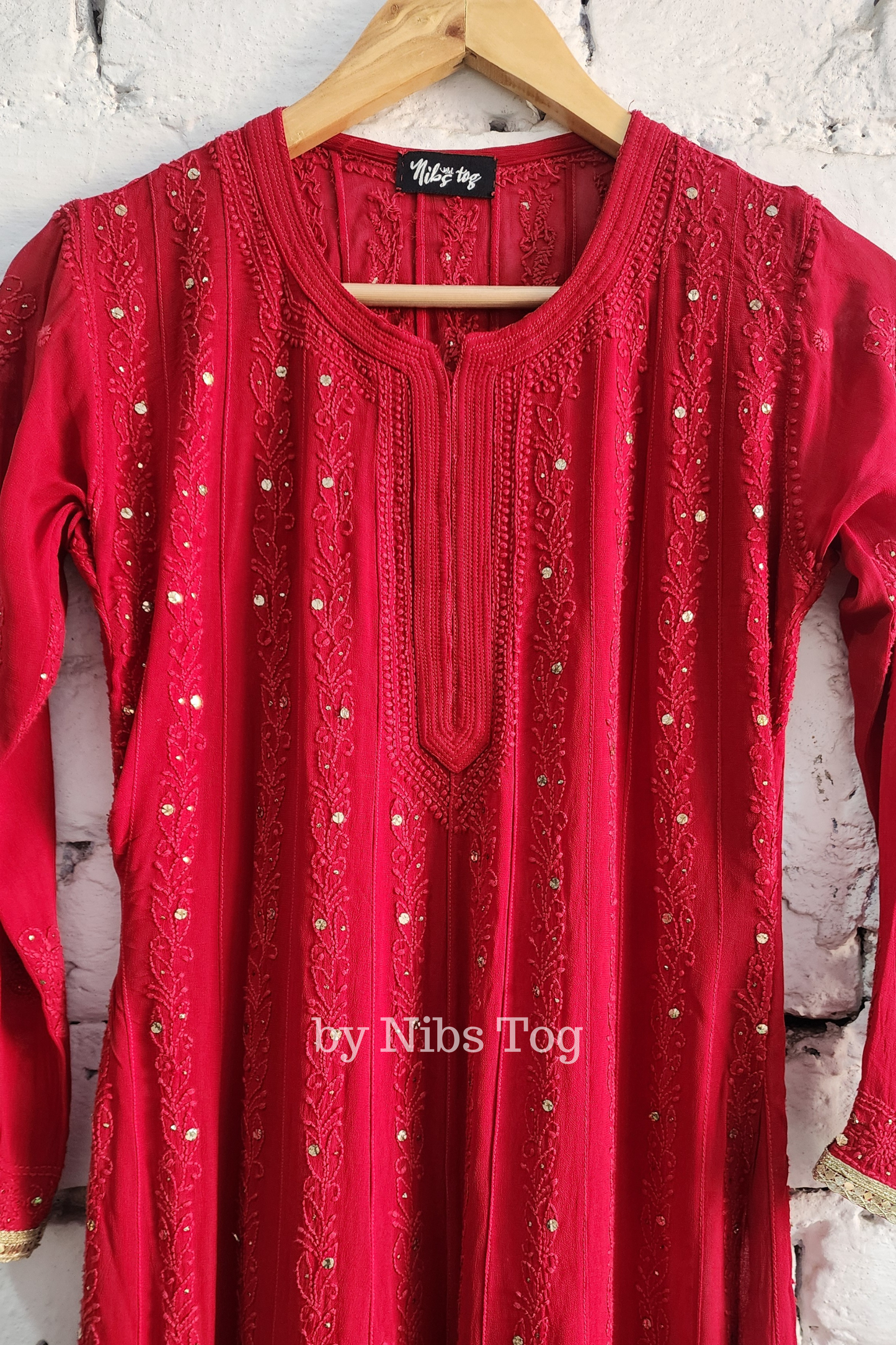 Deep Red Chikankari Mukaish Anarkali Suit