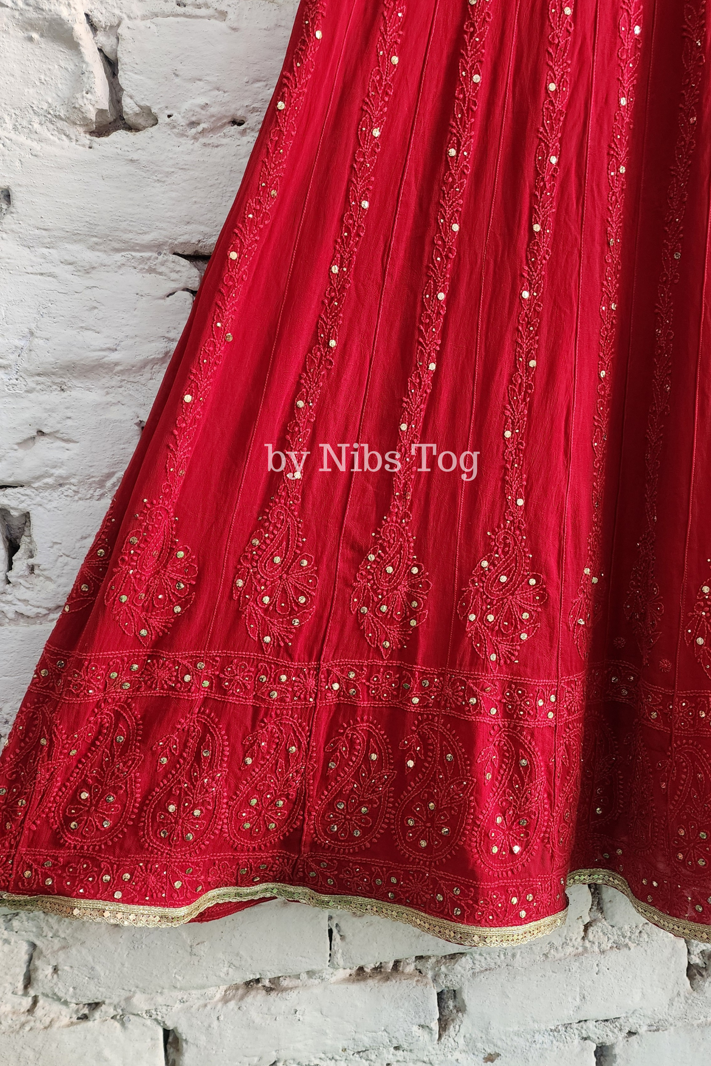 Deep Red Chikankari Mukaish Anarkali Suit