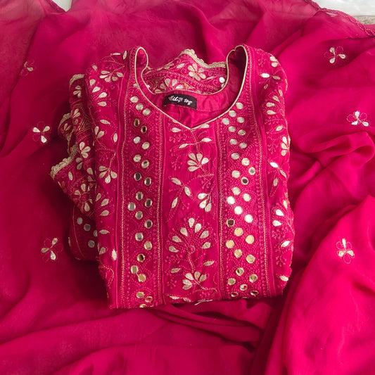 Deep Red Chikankari Anarkali Suit with Gotta Patti and Mirror