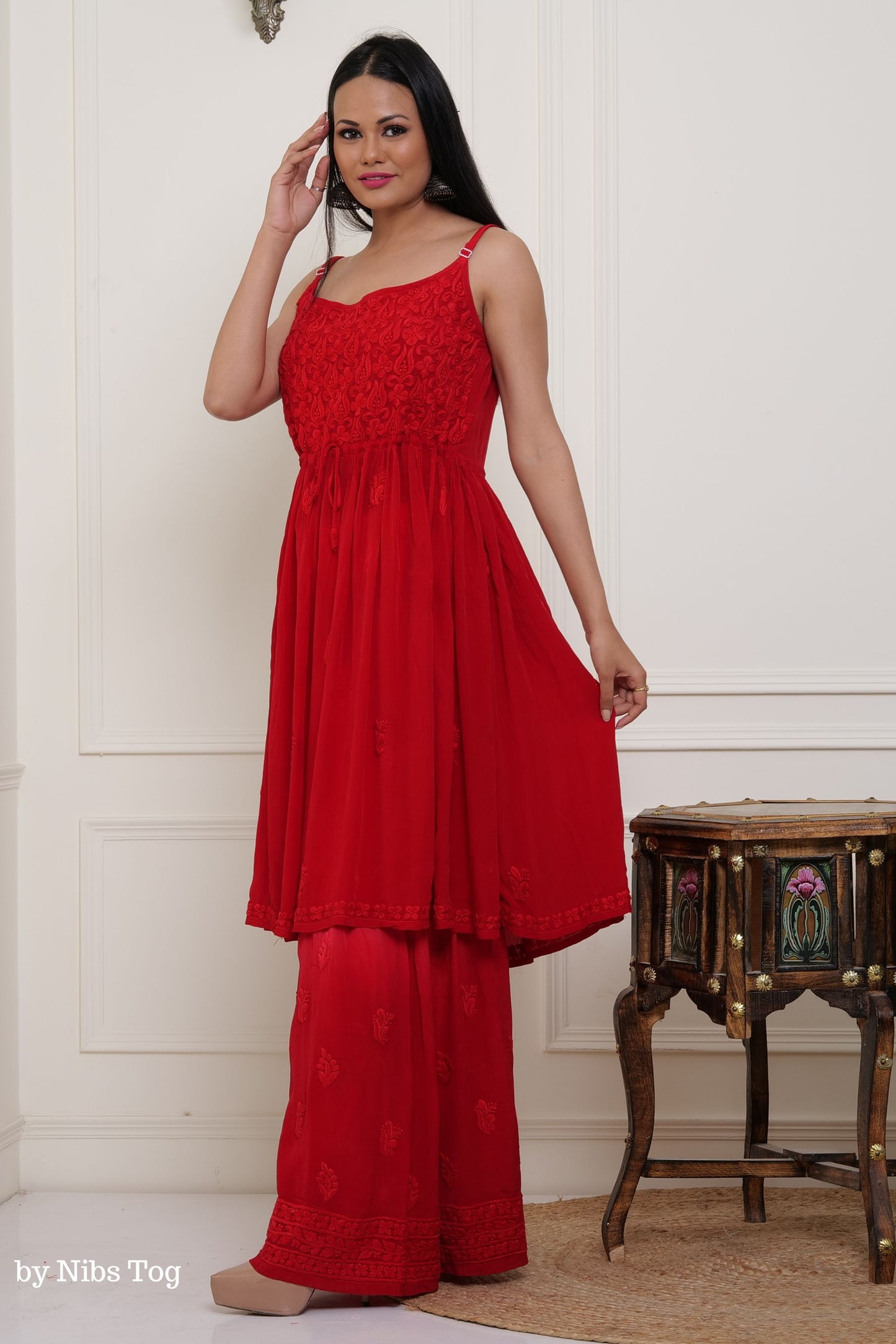 Red Hoor Strappy Chikankari Kurta Garara Set