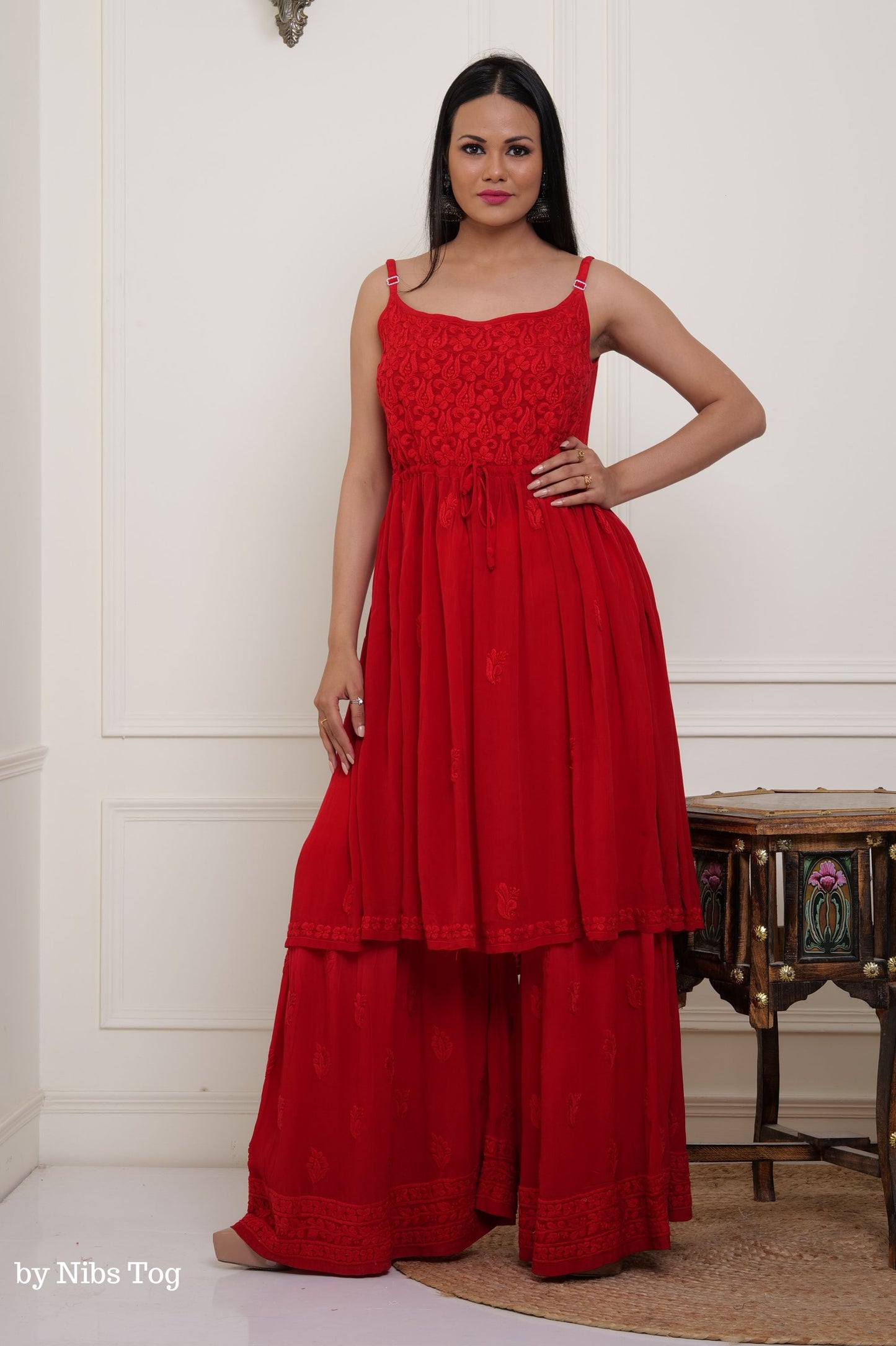 Red Hoor Strappy Chikankari Kurta Garara Set
