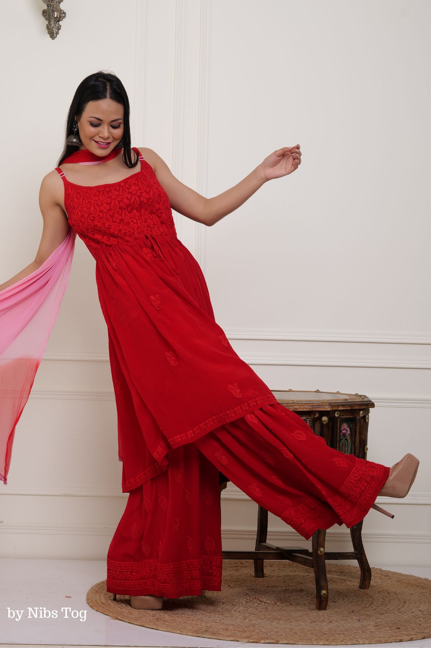 Red Hoor Strappy Chikankari Kurta Garara Set