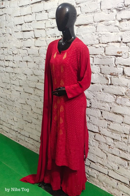 Inayat Red Chikankari Kurta Palazzo Set with Dupatta