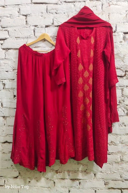 Buy Party Wear Red Chikankari Kurta Palazzo Set with Dupatta