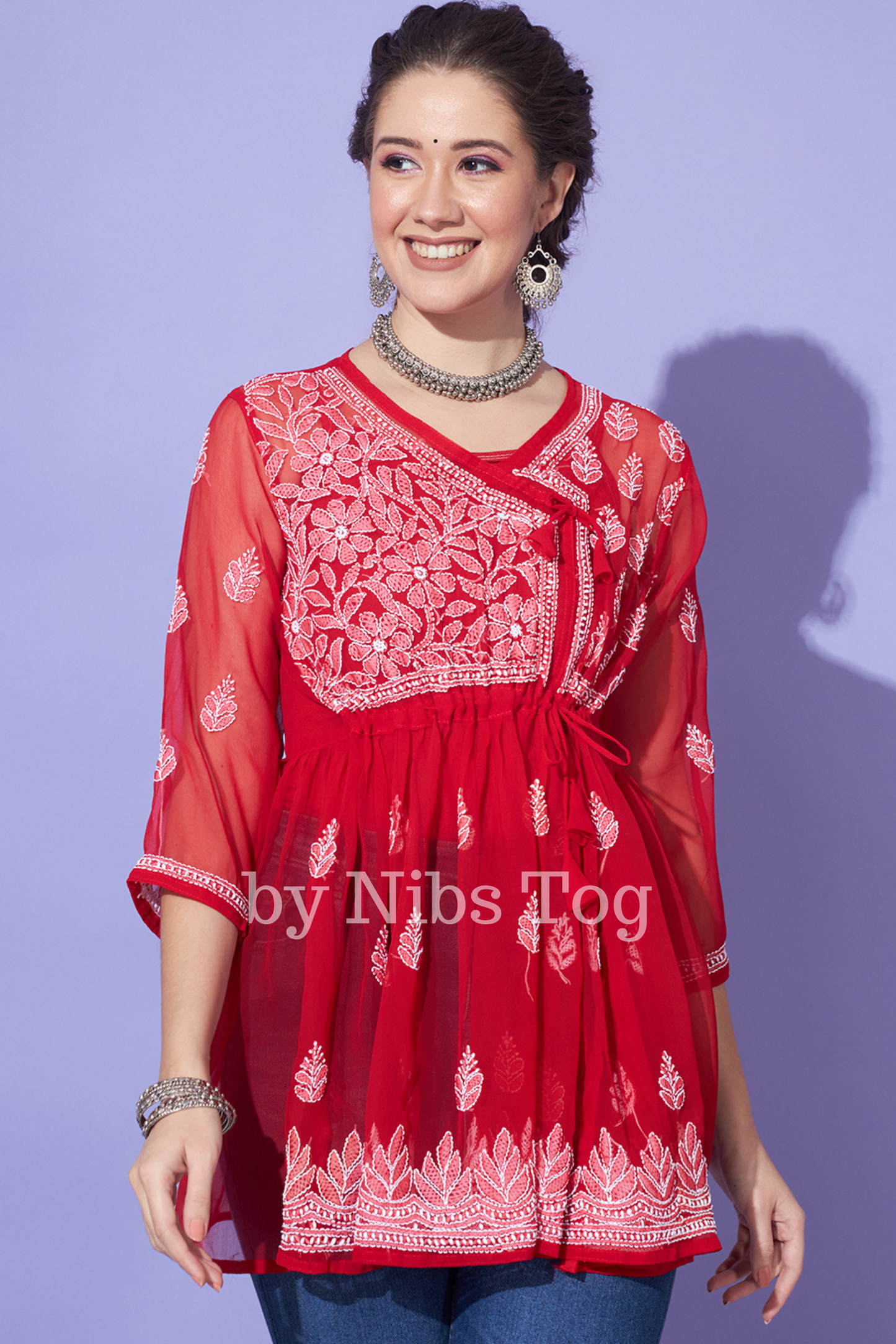 Red Chikankari Short Kurta Georgette Angrakha Style with Camisole