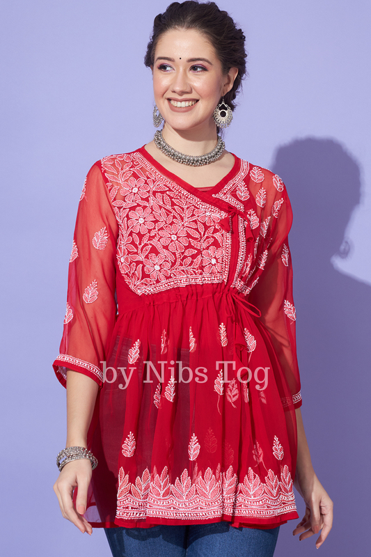 Red Chikankari Short Kurta Georgette Angrakha Style with Camisole