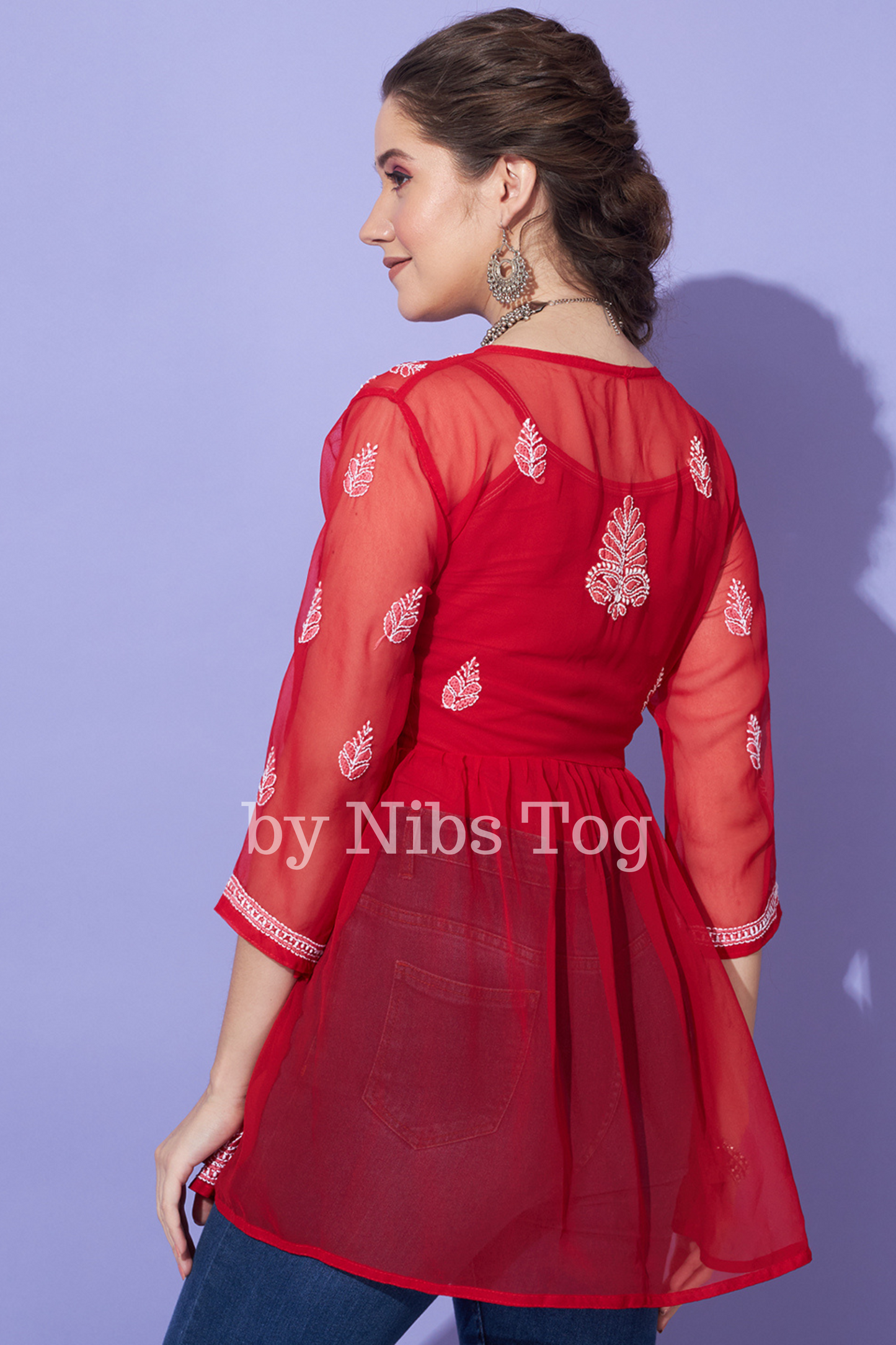 Red Chikankari Short Kurta Georgette Angrakha Style with Camisole