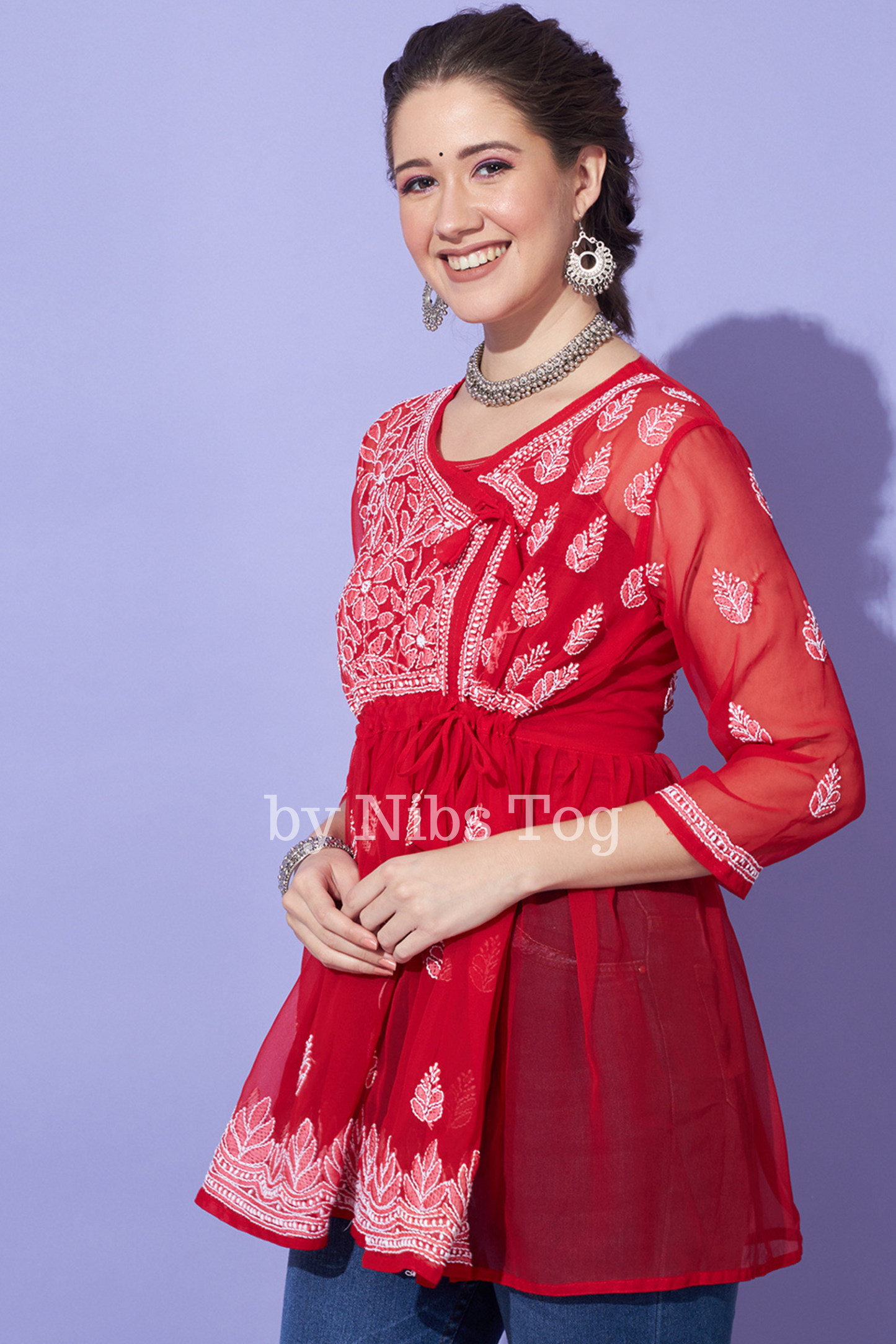 Red Chikankari Short Kurta Georgette Angrakha Style with Camisole