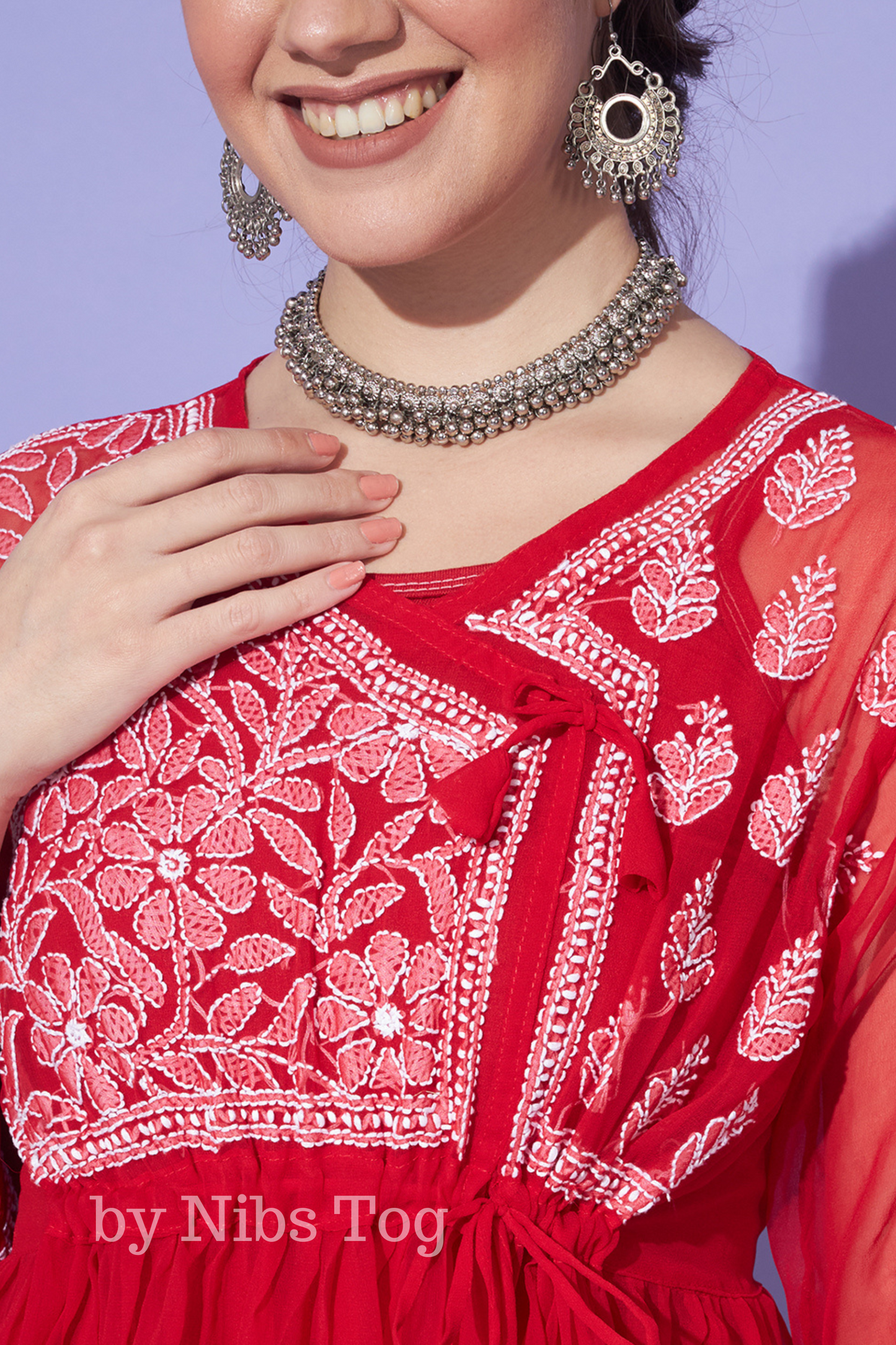 Red Chikankari Short Kurta Georgette Angrakha Style with Camisole