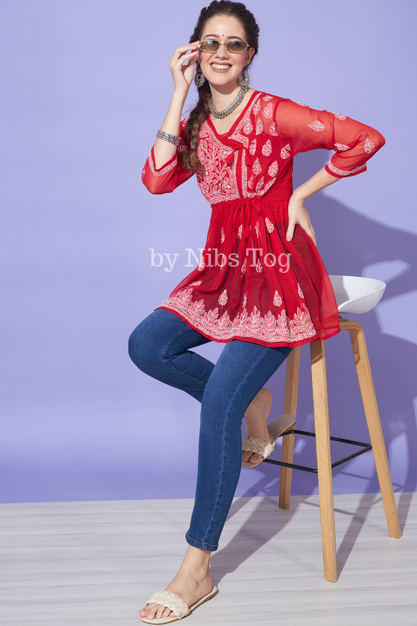 Red Chikankari Short Kurta Georgette Angrakha Style with Camisole