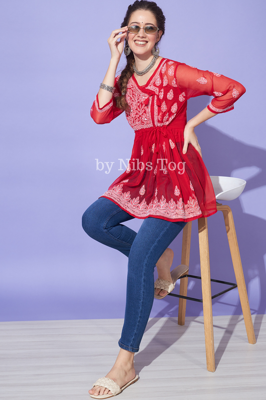 Red Chikankari Short Kurta Georgette Angrakha Style with Camisole