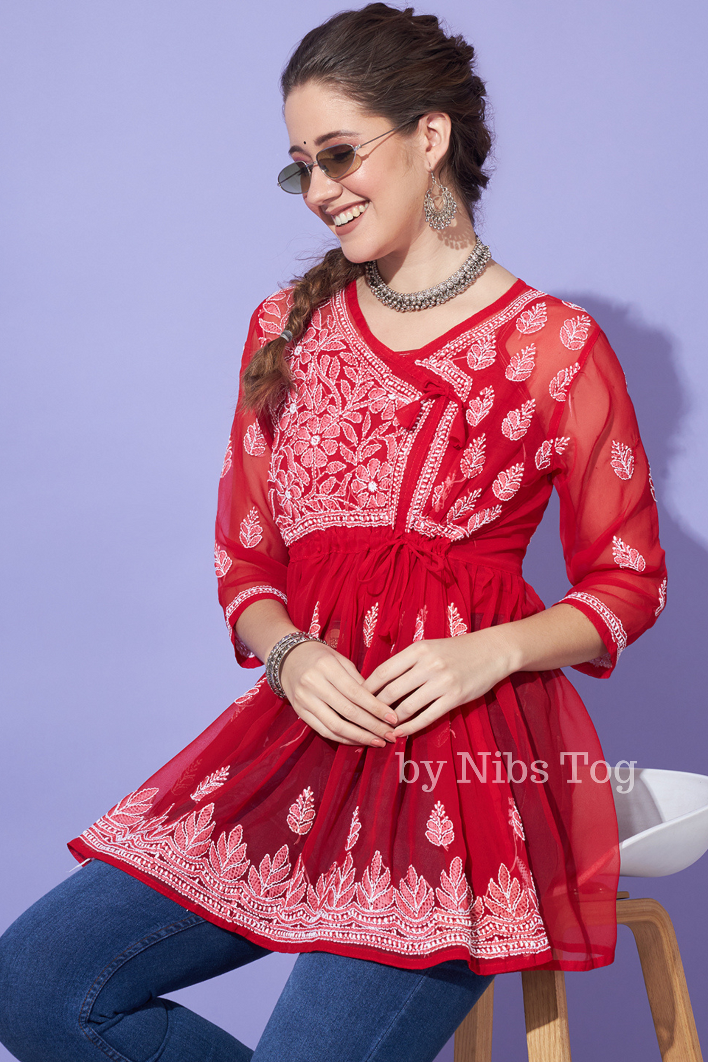 Red Chikankari Short Kurta Georgette Angrakha Style with Camisole