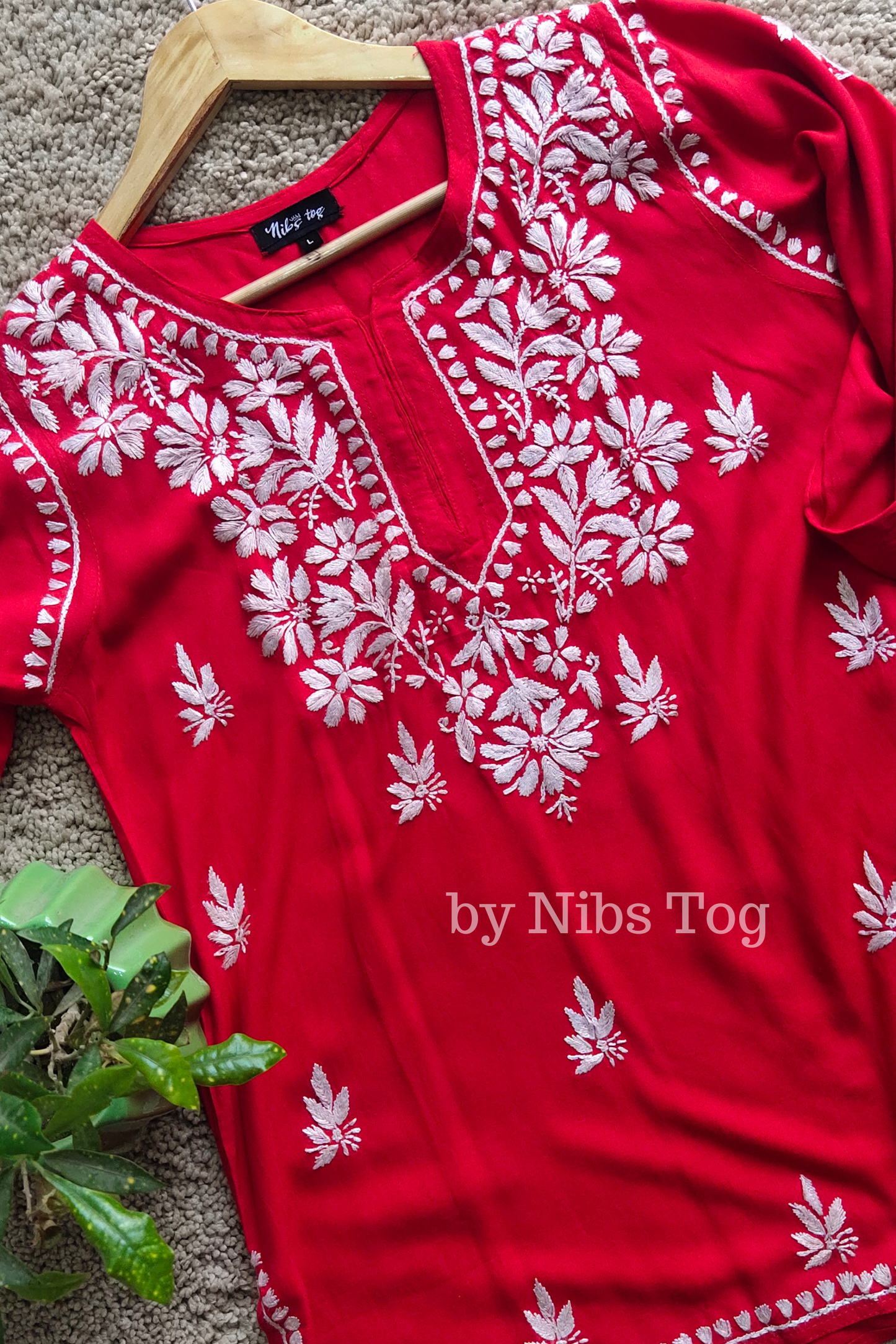 Rozana Chikankari Short Kurta Red