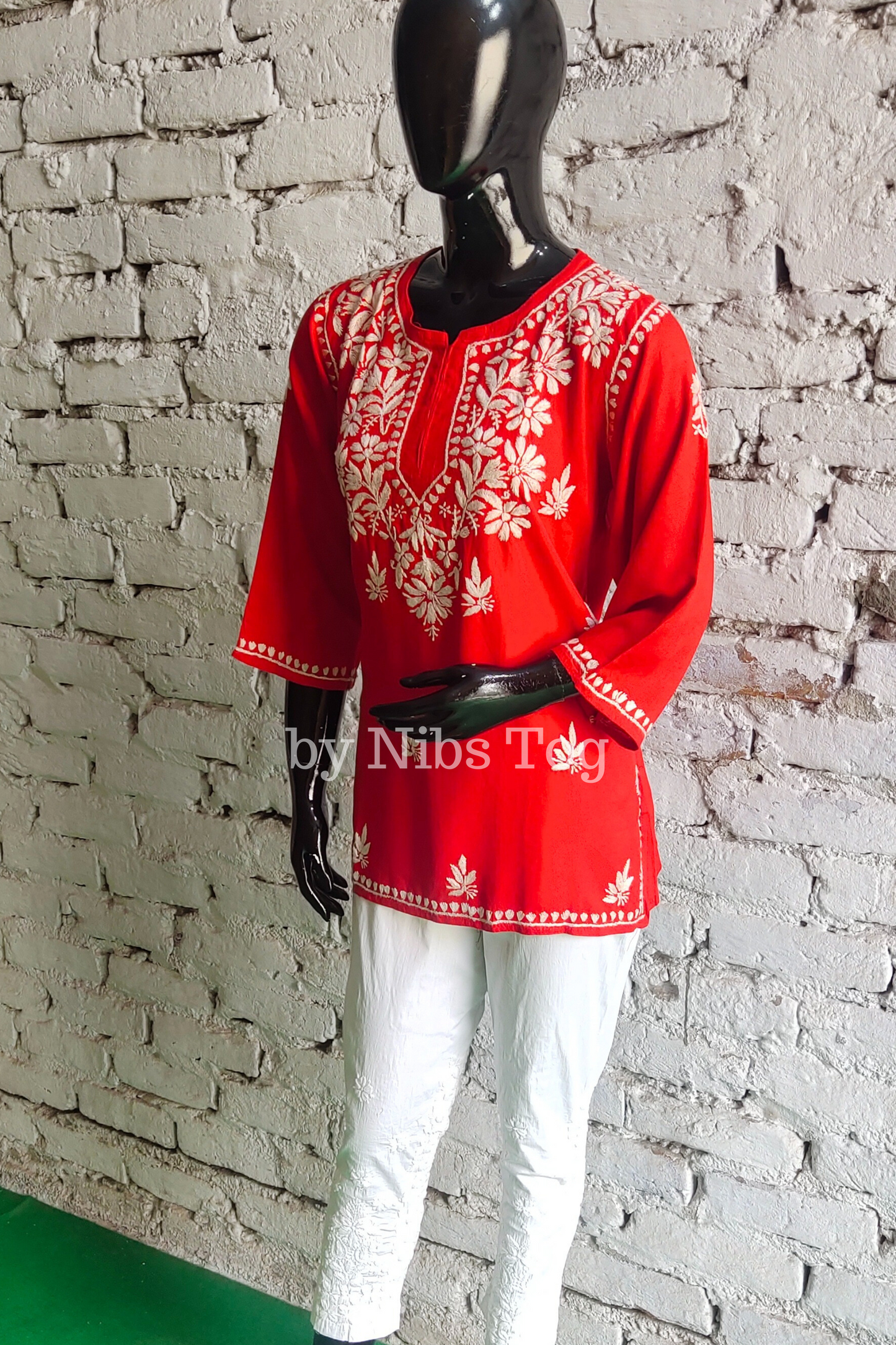 Rozana Chikankari Short Kurta Red