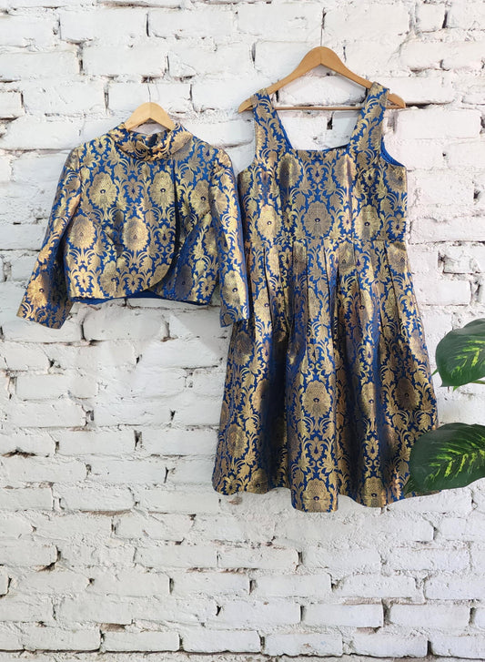 Royal blue and gold Banarasi brocade dress and jacket β product image 2