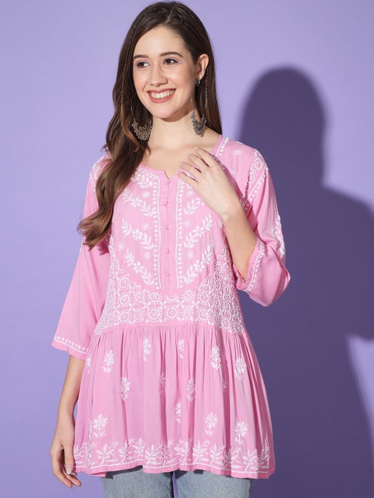 Gul Baby Pink Chikankari Short Kurta Rayon Cotton