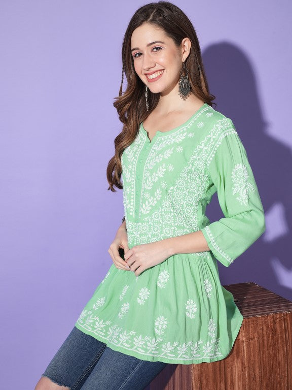 Gul Light Green Chikankari Short Kurta Rayon Cotton