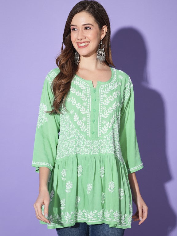 Gul Light Green Chikankari Short Kurta Rayon Cotton