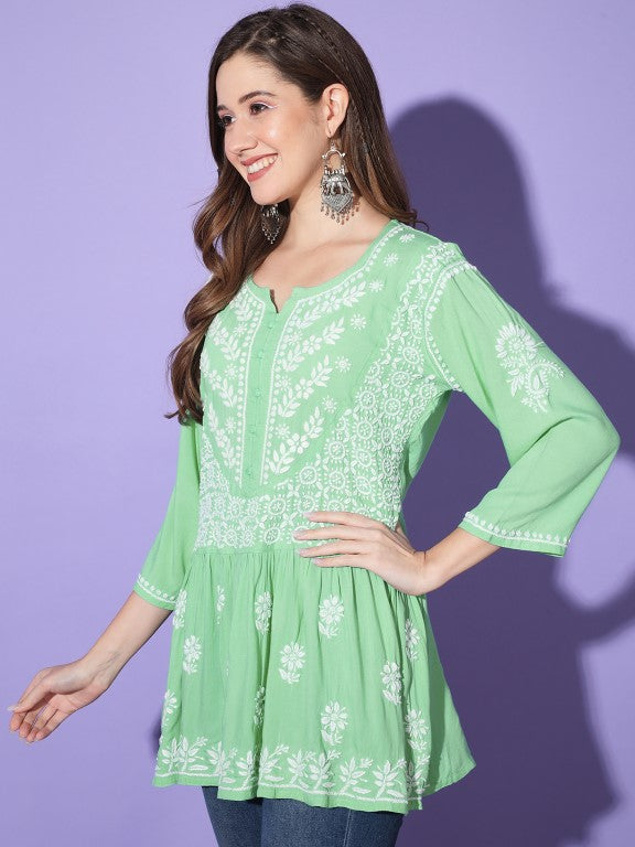 Gul Light Green Chikankari Short Kurta Rayon Cotton