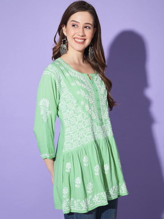 Gul Light Green Chikankari Short Kurta Rayon Cotton