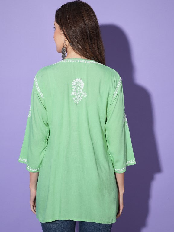Gul Light Green Chikankari Short Kurta Rayon Cotton