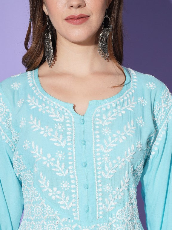 Gul Sky Blue Chikankari Short Kurta Rayon Cotton