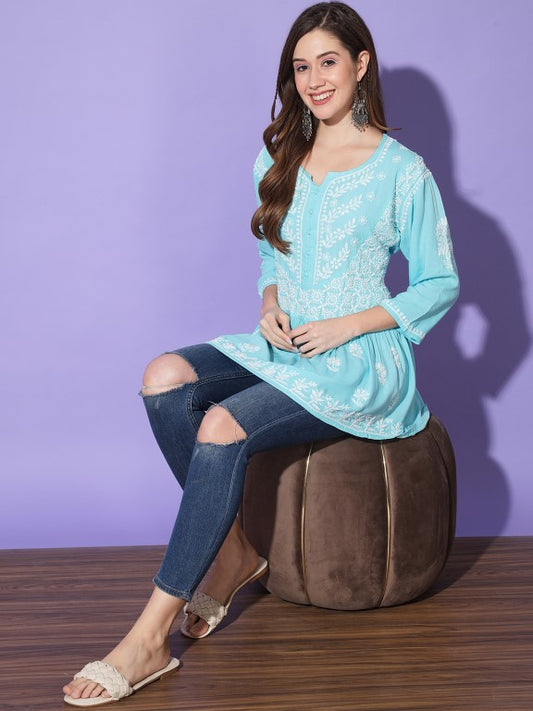 Gul Sky Blue Chikankari Short Kurta Rayon Cotton