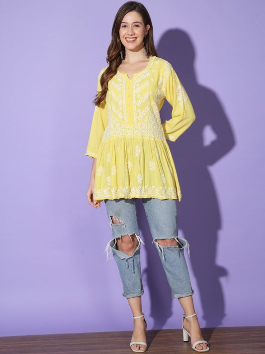 Gul Yellow Chikankari Short Kurta Rayon Cotton