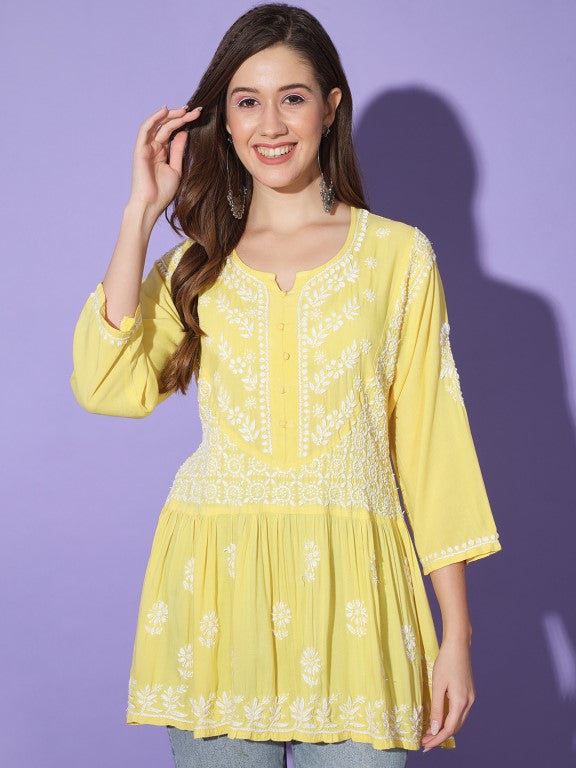 Gul Yellow Chikankari Short Kurta Rayon Cotton