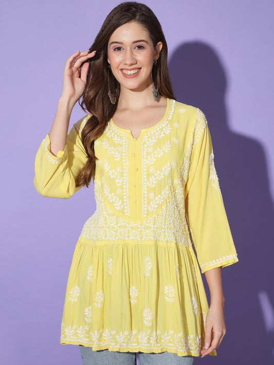 Gul Yellow Chikankari Short Kurta Rayon Cotton