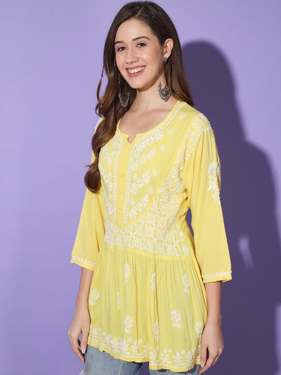 Gul Yellow Chikankari Short Kurta Rayon Cotton