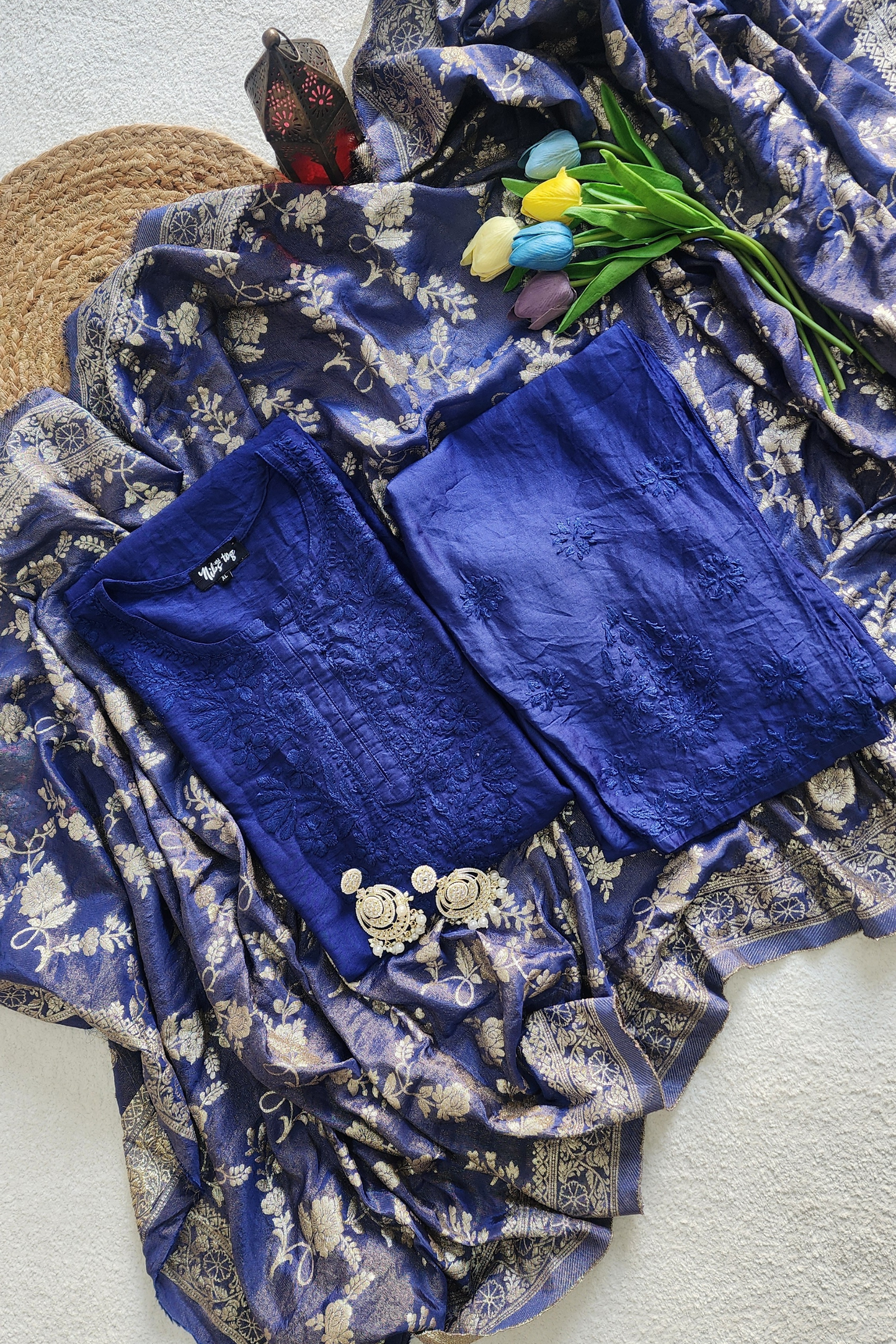 Silk Chikankari Kurta Set with Banarasi Dupatta