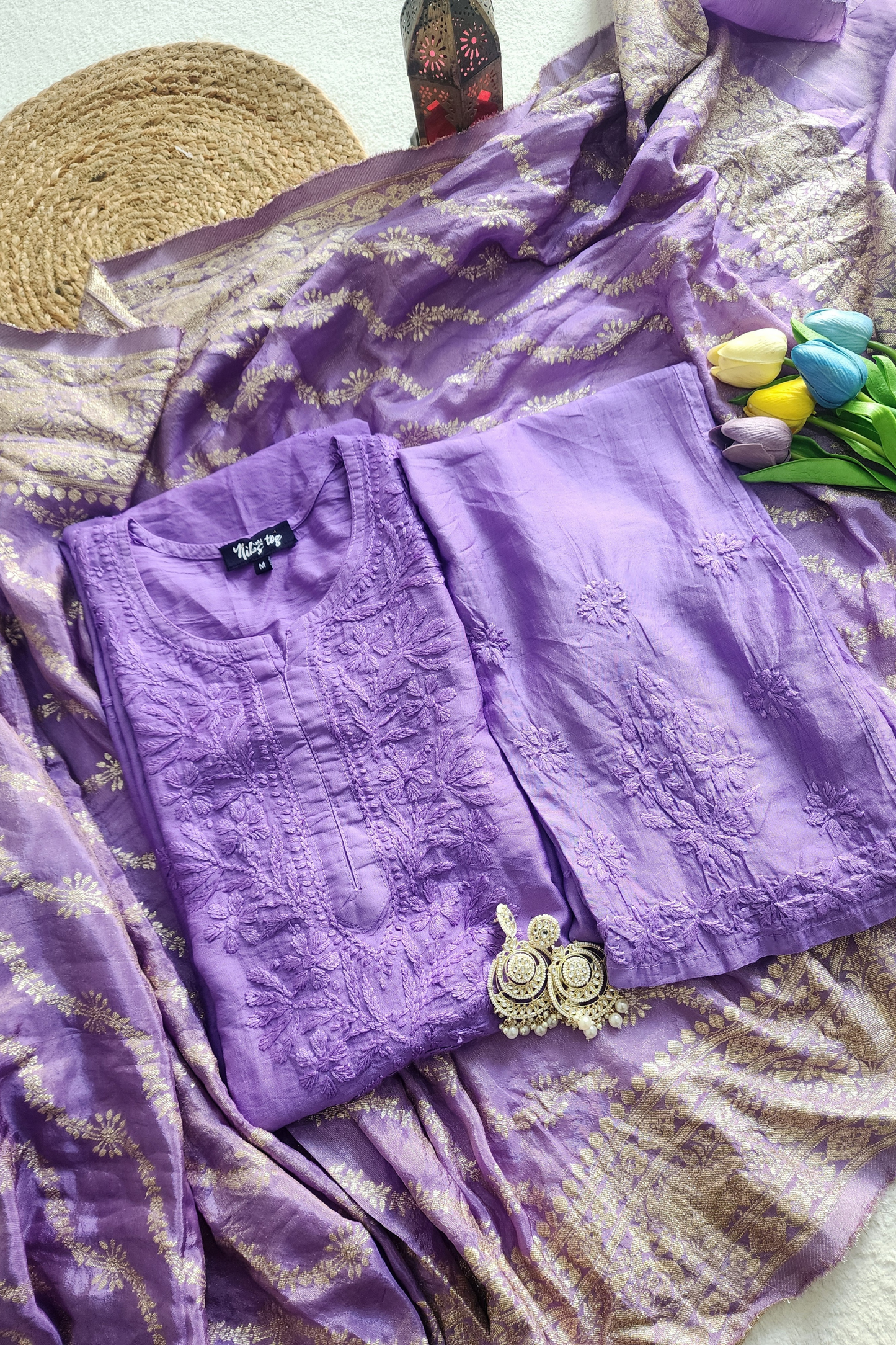 Silk Chikankari Kurta Set with Banarasi Dupatta