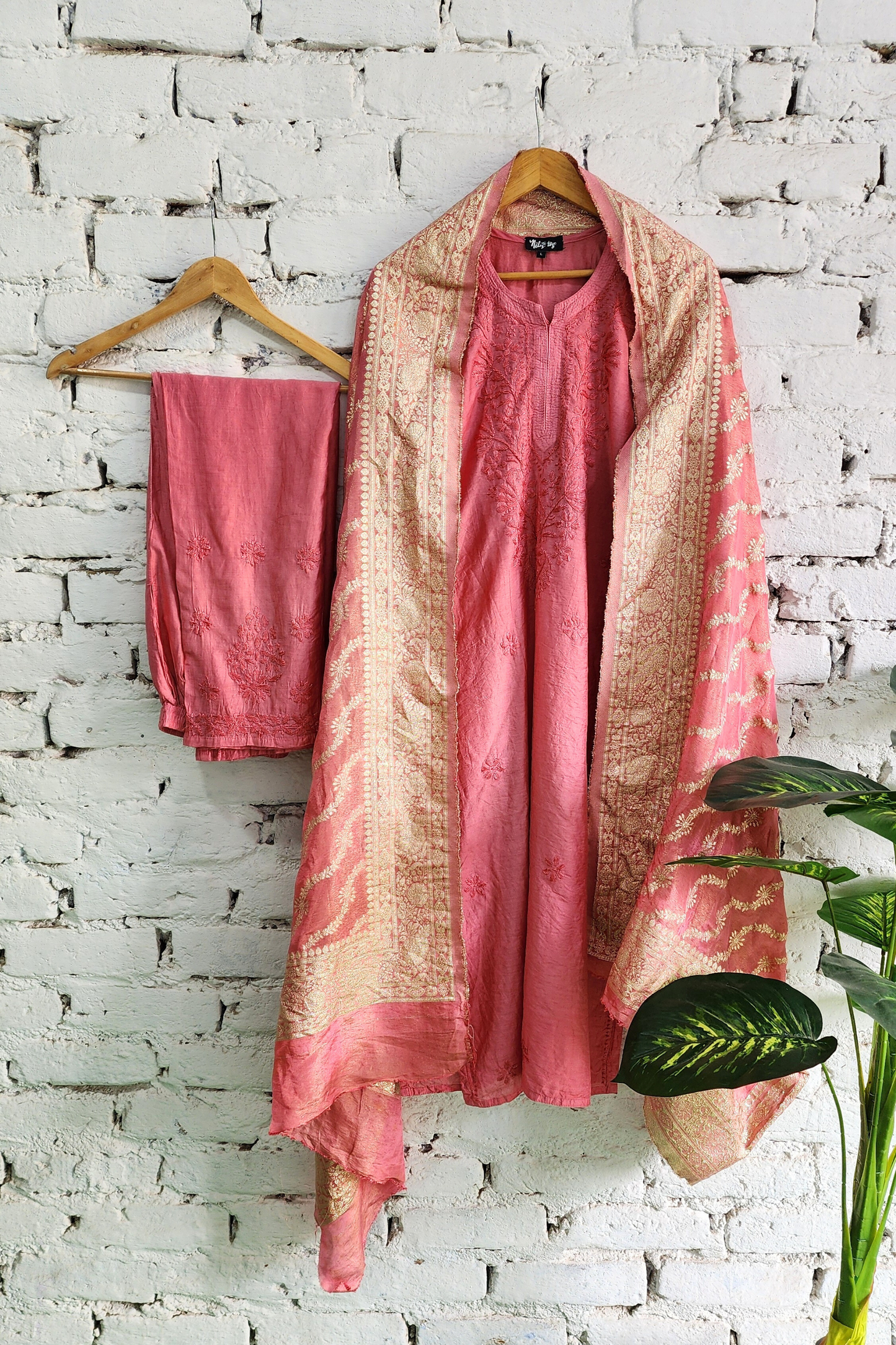 Silk Chikankari Kurta Set with Banarasi Dupatta