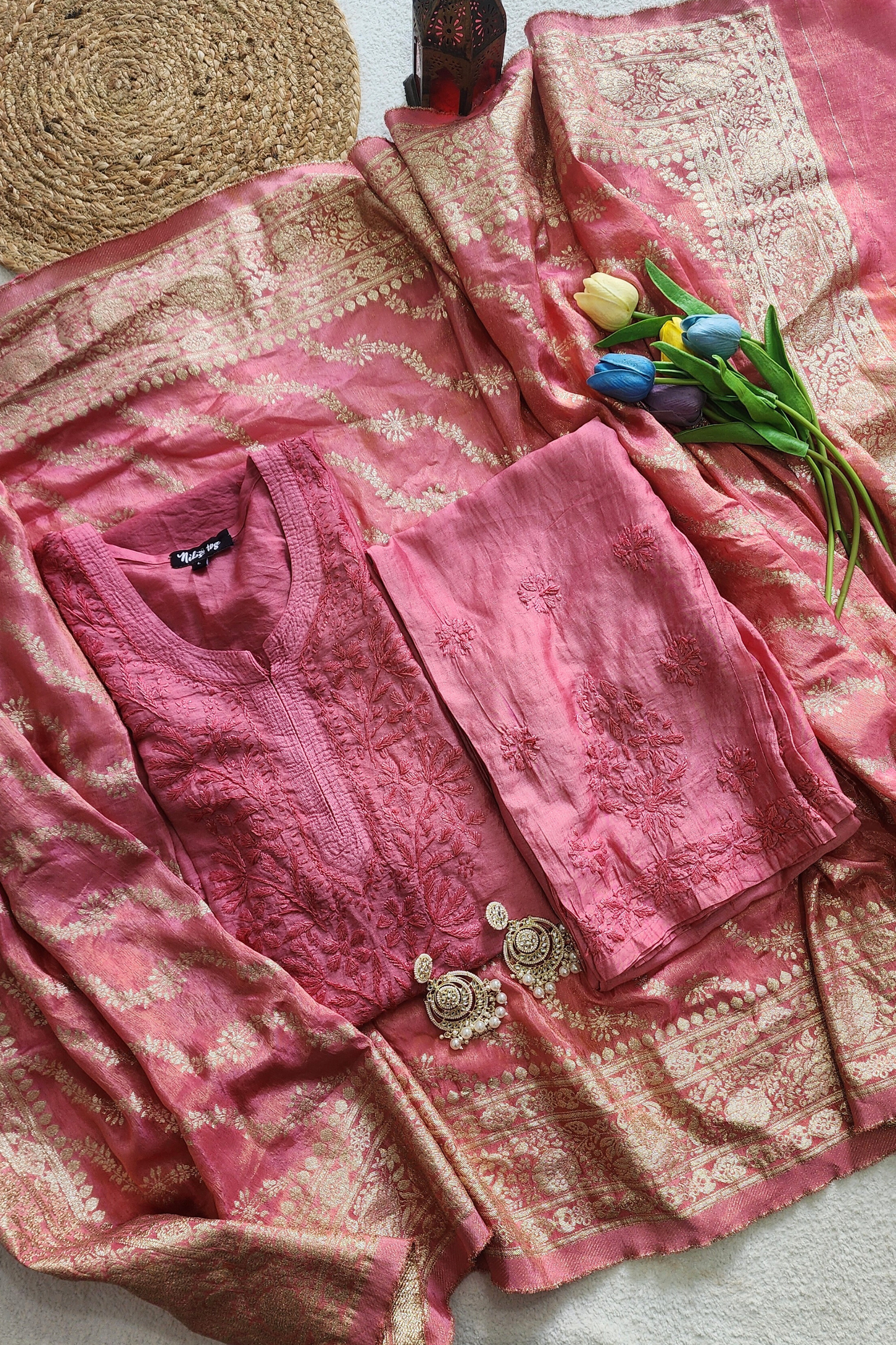 Silk Chikankari Kurta Set with Banarasi Dupatta