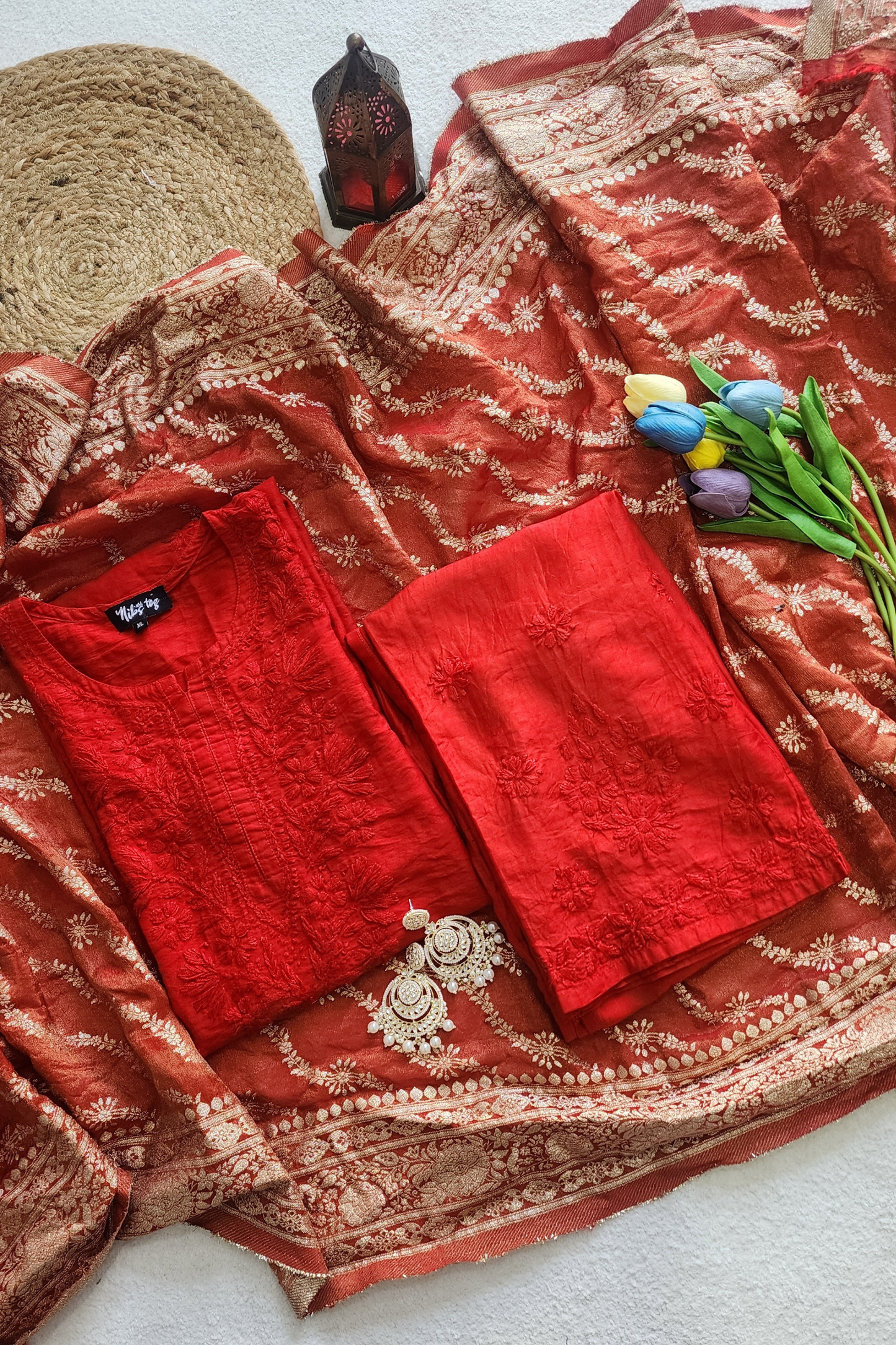 Silk Chikankari Kurta Set with Banarasi Dupatta