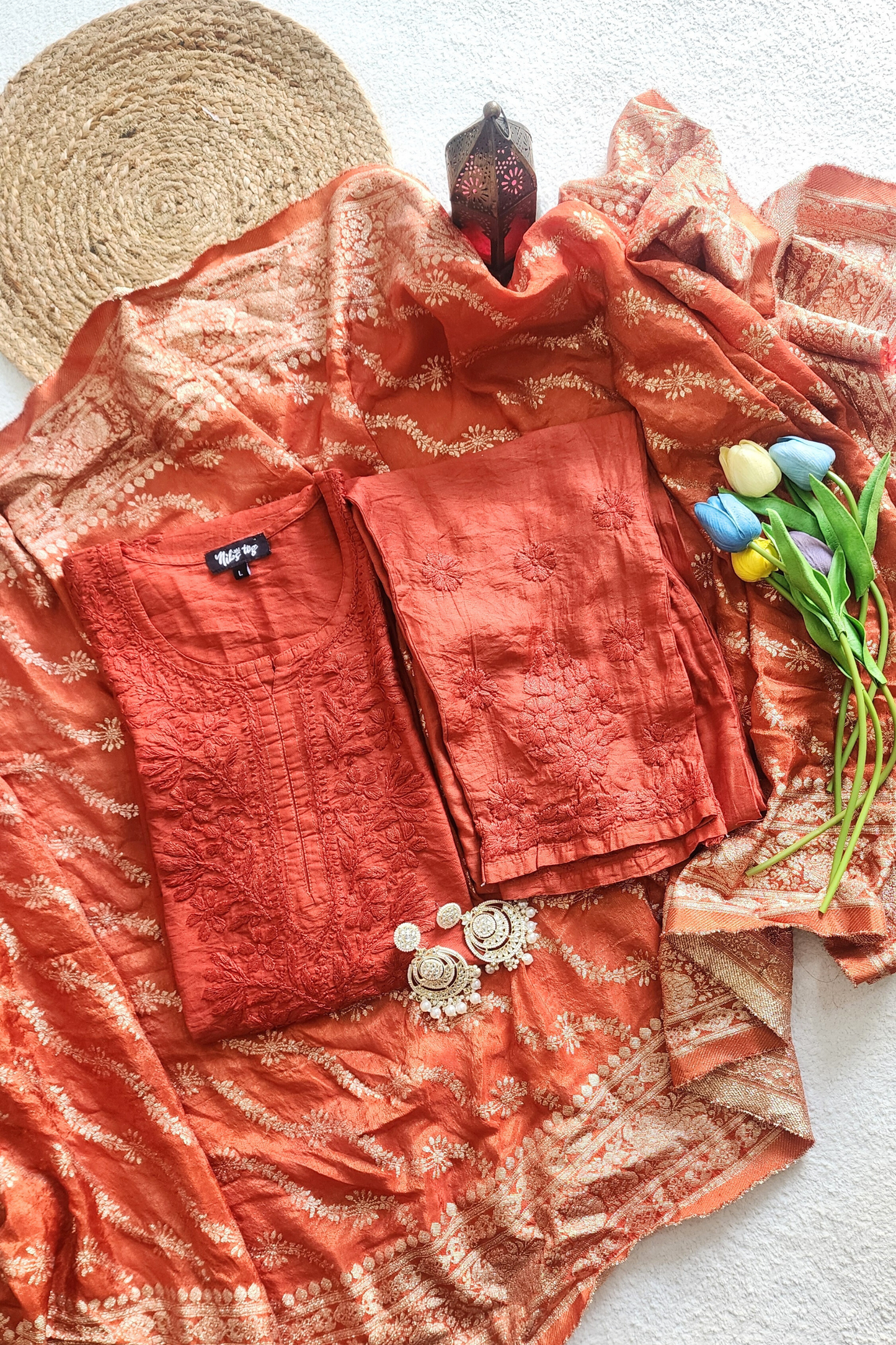 Silk Chikankari Kurta Set with Banarasi Dupatta