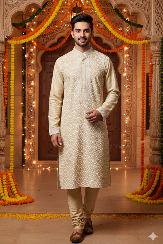 Beige Tissue Silk Chikankari Mens Kurta Pajama Set