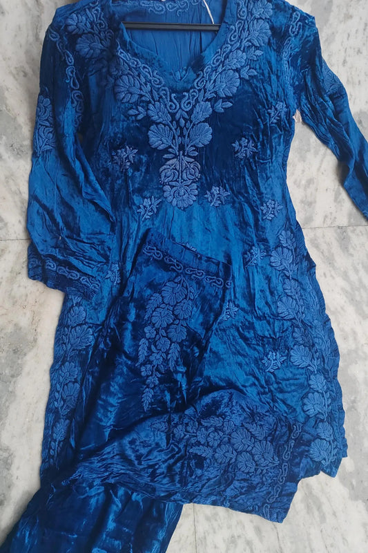 Blue Embroidered Velvet Suit